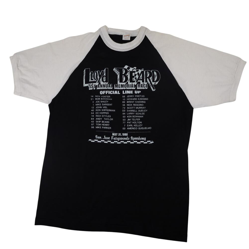 Vintage 80s Lloyd Beard Memorial Racing Graphic Baseball T Shirt